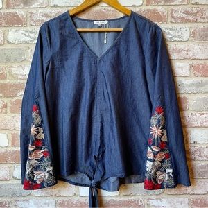 NWOT Rethm V Neck Top | Floral Embroidered Bell Sleeves | Tie Bottom | W…